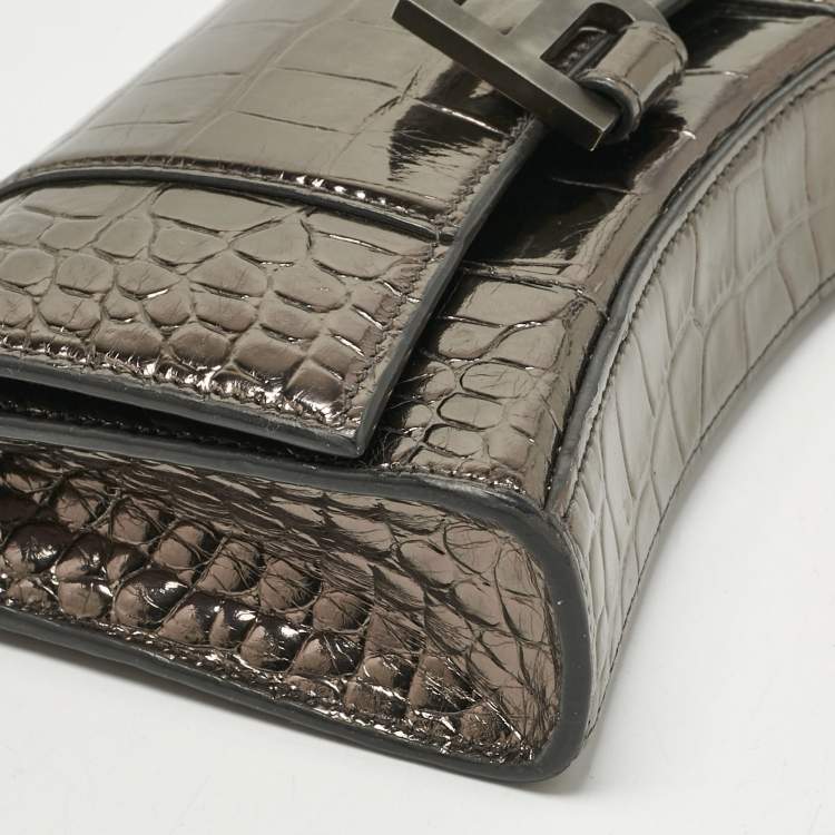 Pre Owned Balenciaga Metallic Grey Croc Embossed Leather Hourglass Wallet on Chain