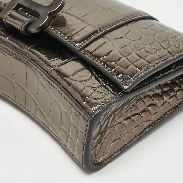 Pre Owned Balenciaga Metallic Grey Croc Embossed Leather Hourglass Wallet on Chain