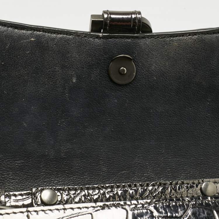 Pre Owned Balenciaga Metallic Grey Croc Embossed Leather Hourglass Wallet on Chain