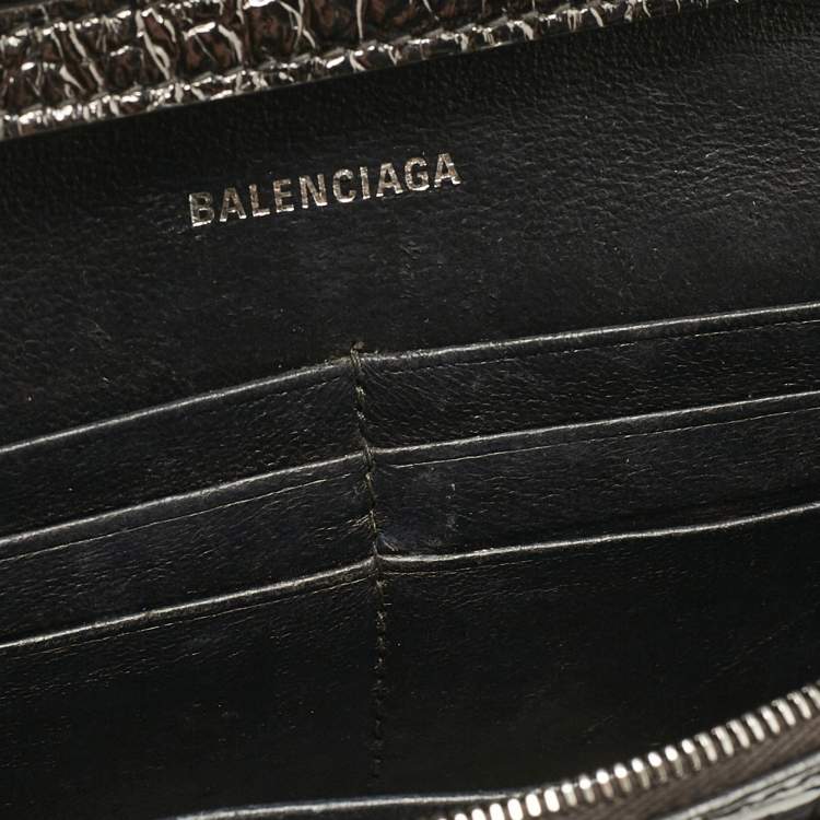 Pre Owned Balenciaga Metallic Grey Croc Embossed Leather Hourglass Wallet on Chain