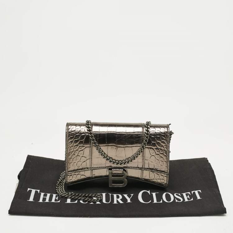 Pre Owned Balenciaga Metallic Grey Croc Embossed Leather Hourglass Wallet on Chain