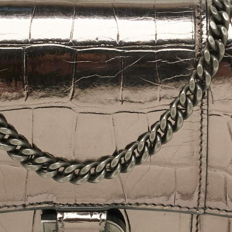 Pre Owned Balenciaga Metallic Grey Croc Embossed Leather Hourglass Wallet on Chain
