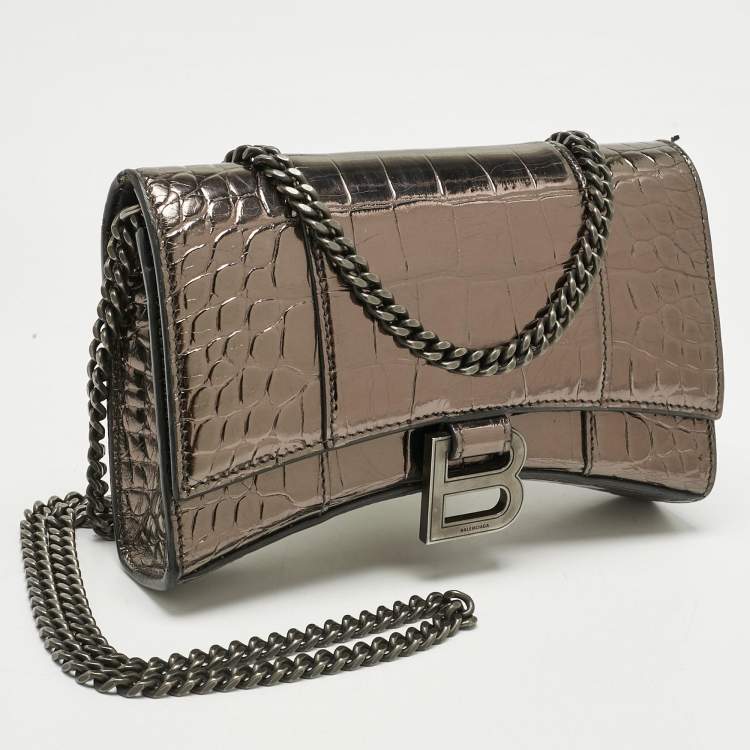 Pre Owned Balenciaga Metallic Grey Croc Embossed Leather Hourglass Wallet on Chain