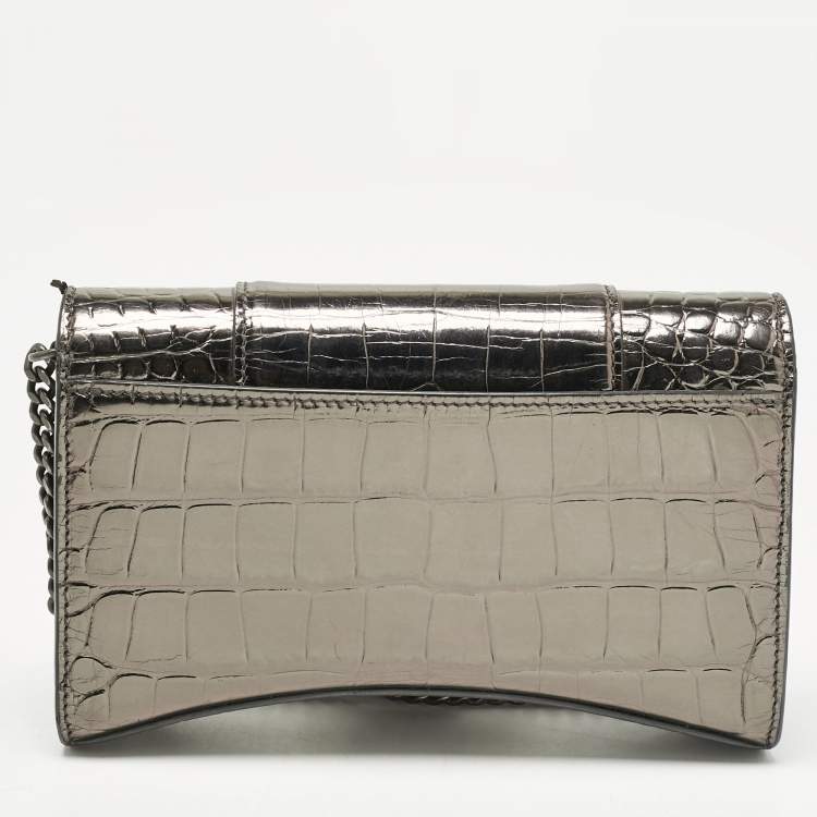 Pre Owned Balenciaga Metallic Grey Croc Embossed Leather Hourglass Wallet on Chain