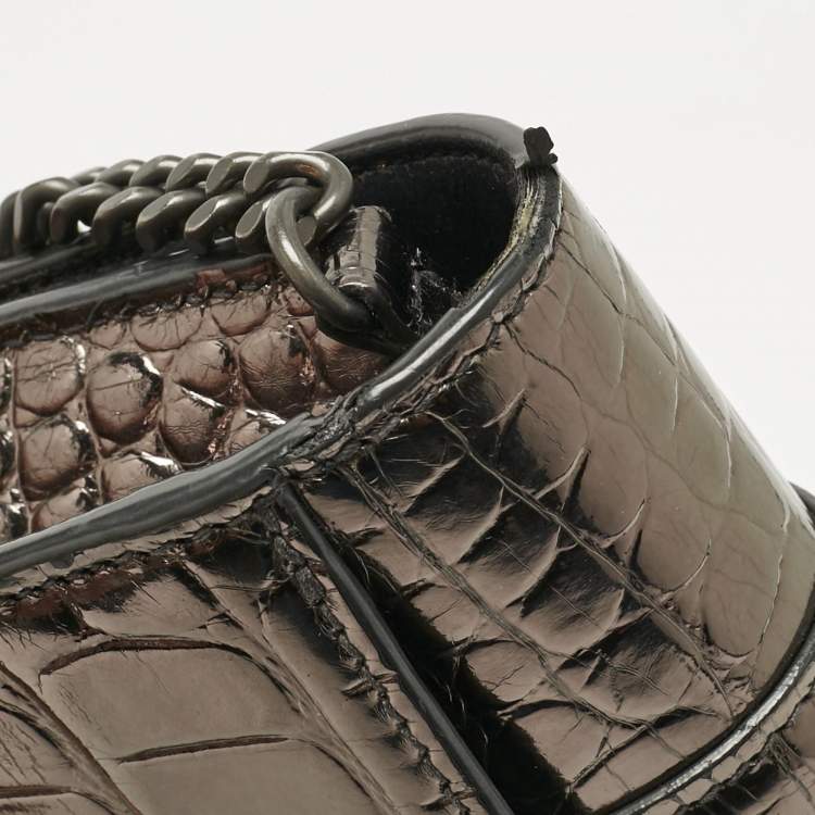 Pre Owned Balenciaga Metallic Grey Croc Embossed Leather Hourglass Wallet on Chain