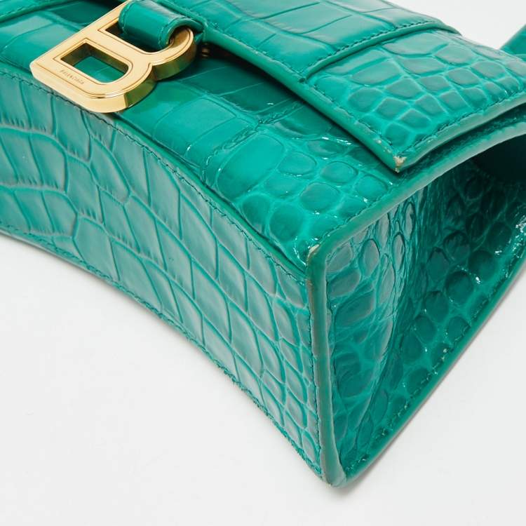 Pre Owned Balenciaga Green Croc Embossed Leather XS Hourglass Top Handle Bag