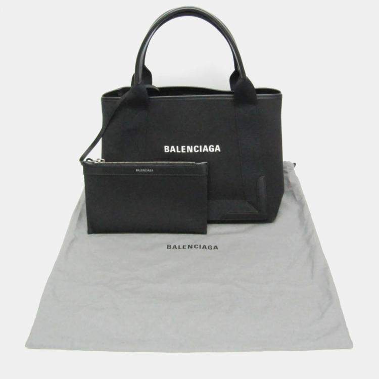 Pre Owned Balenciaga Navy Cabas S Black Canvas Leather Tote Bag