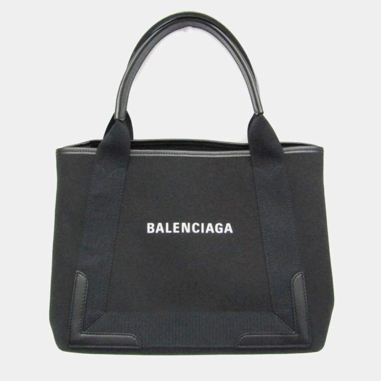 Pre Owned Balenciaga Navy Cabas S Black Canvas Leather Tote Bag