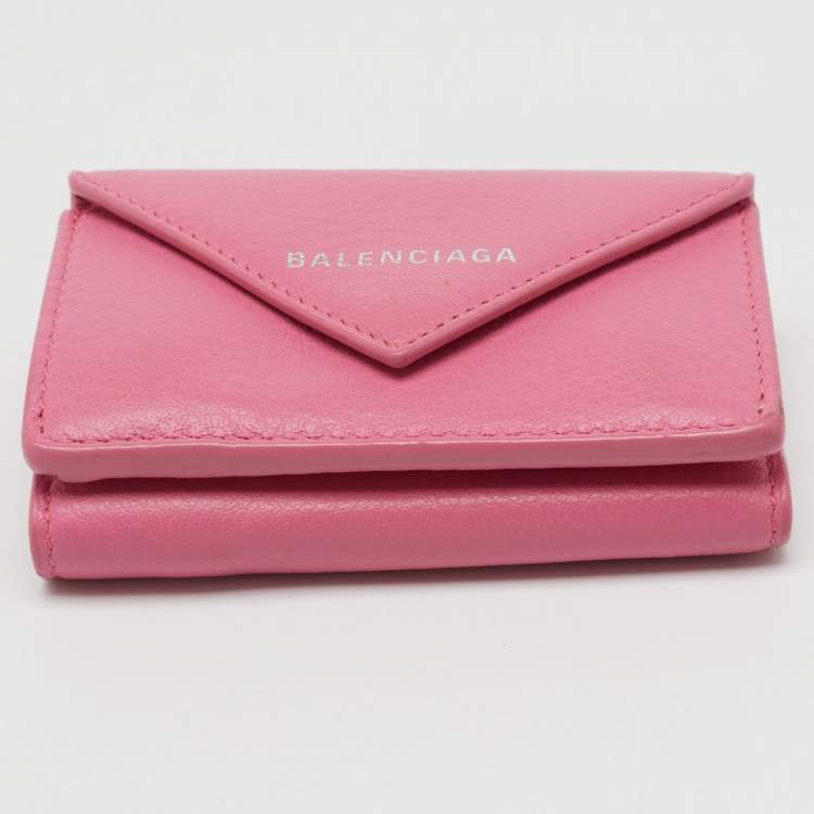 Pre Owned Balenciaga Pink Leather Mini Papier Flap Wallet