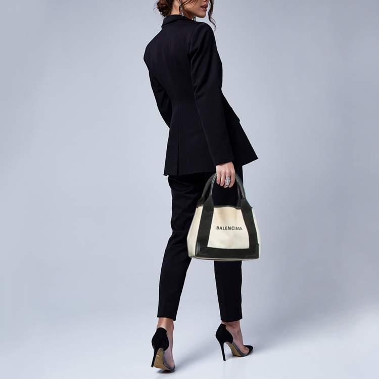 Pre Owned Balenciaga Off White/Black Canvas and Leather Navy XS Cabas Tote