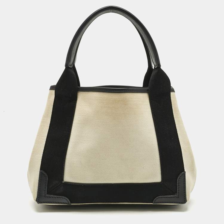 Pre Owned Balenciaga Off White/Black Canvas and Leather Navy XS Cabas Tote