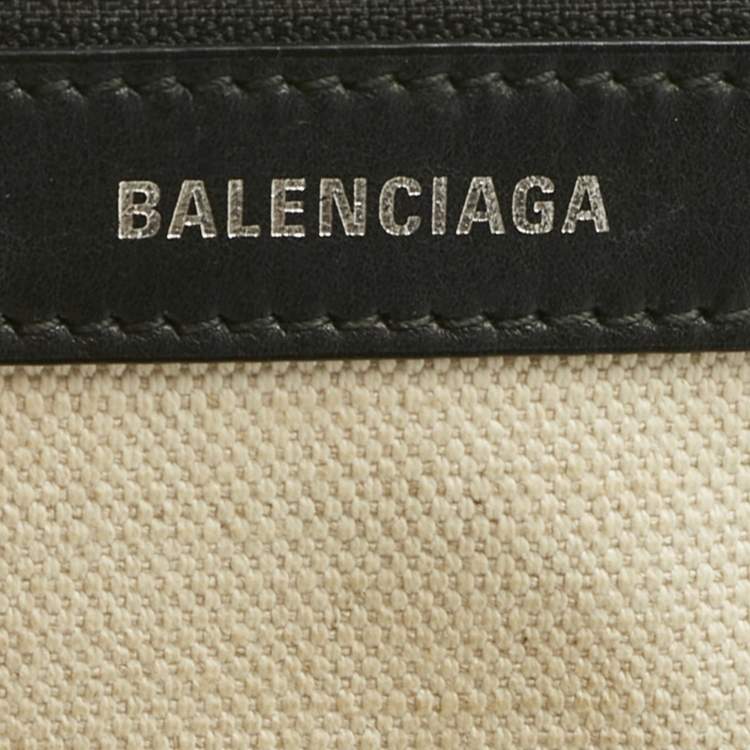 Pre Owned Balenciaga Off White/Black Canvas and Leather Navy XS Cabas Tote