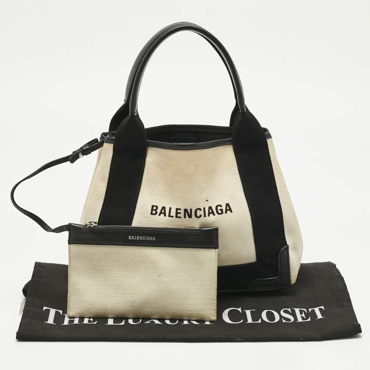 Pre Owned Balenciaga Off White/Black Canvas and Leather Navy XS Cabas Tote