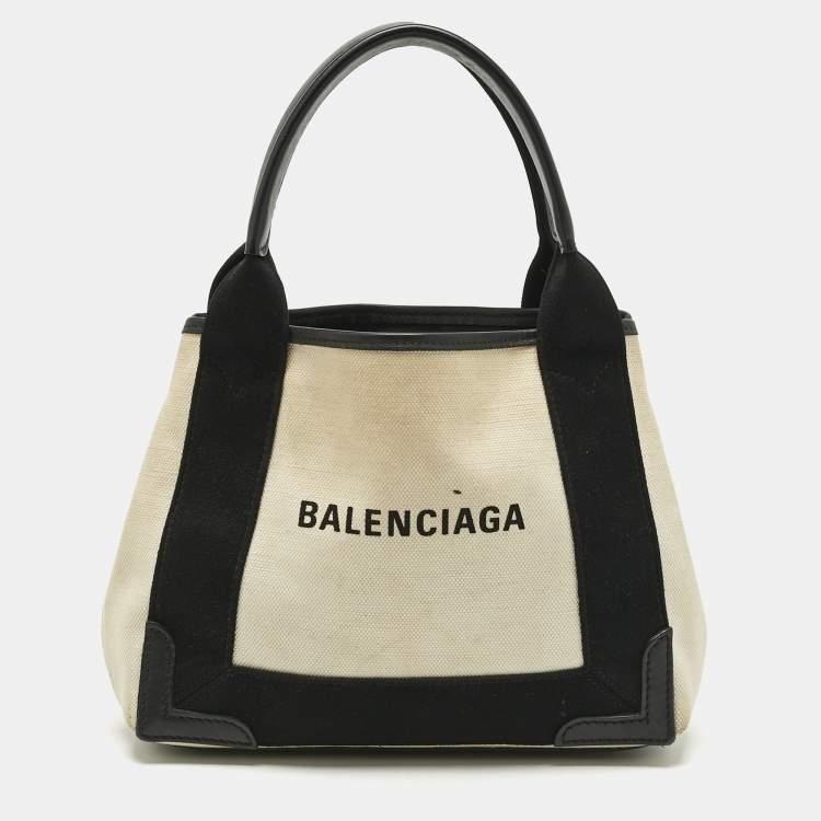 Pre Owned Balenciaga Off White/Black Canvas and Leather Navy XS Cabas Tote