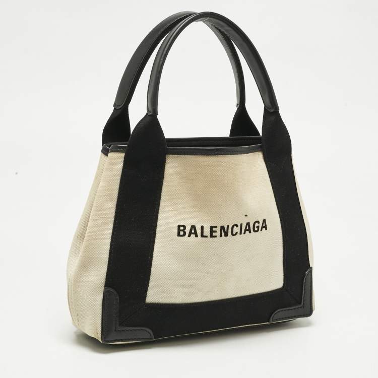 Pre Owned Balenciaga Off White/Black Canvas and Leather Navy XS Cabas Tote