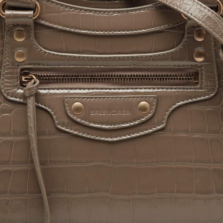 Pre Owned Balenciaga Beige Croc Embossed Leather Small Neo Classic City Bag