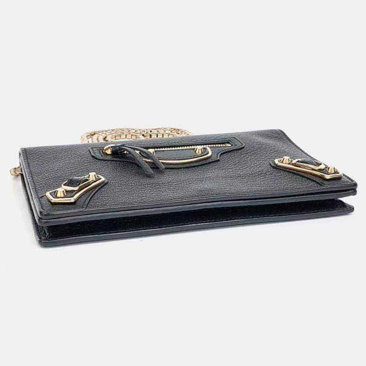 Pre Owned Balenciaga Black Leather Metal Edge Chain Crossbody Bag
