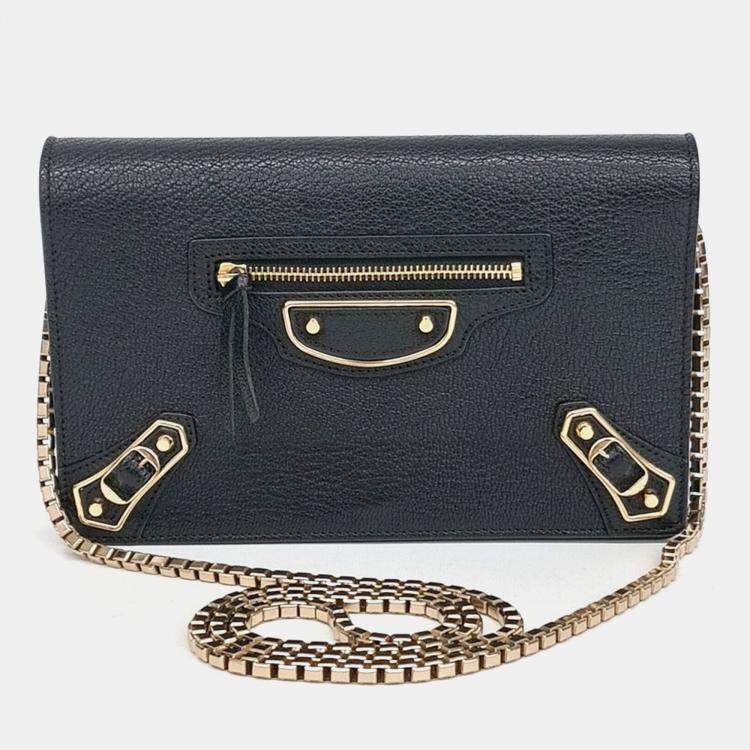 Pre Owned Balenciaga Black Leather Metal Edge Chain Crossbody Bag