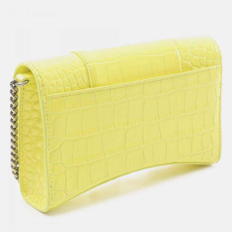 Pre Owned Balenciaga Yellow Shiny Calfskin Crocodile Embossed Hourglass Wallet On Chain