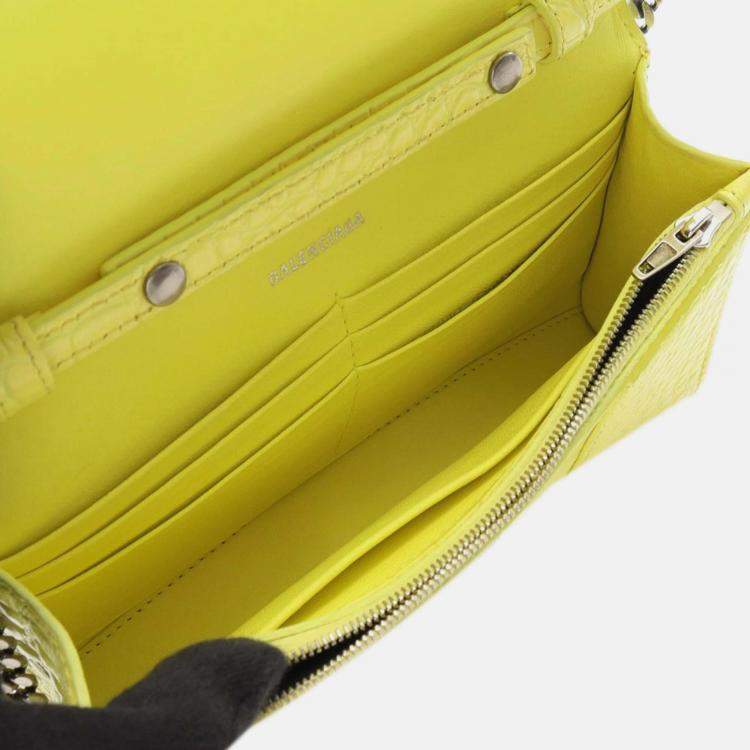 Pre Owned Balenciaga Yellow Shiny Calfskin Crocodile Embossed Hourglass Wallet On Chain