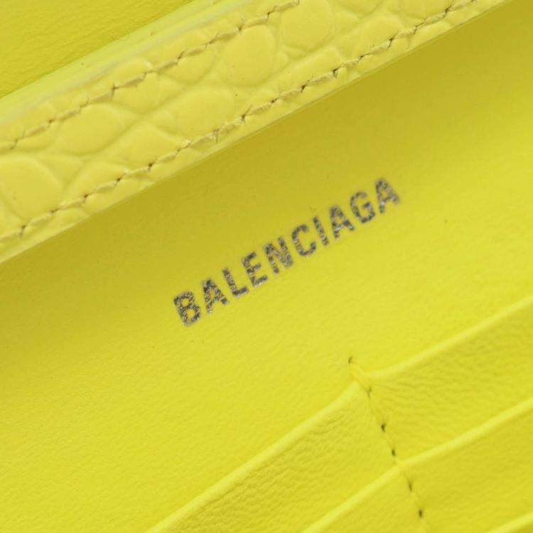 Pre Owned Balenciaga Yellow Shiny Calfskin Crocodile Embossed Hourglass Wallet On Chain