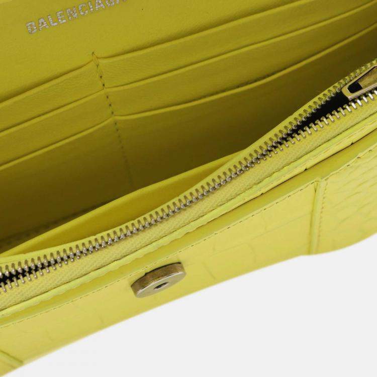 Pre Owned Balenciaga Yellow Shiny Calfskin Crocodile Embossed Hourglass Wallet On Chain