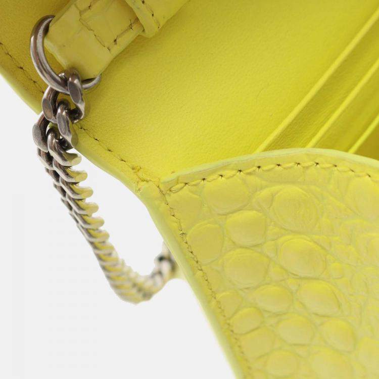 Pre Owned Balenciaga Yellow Shiny Calfskin Crocodile Embossed Hourglass Wallet On Chain
