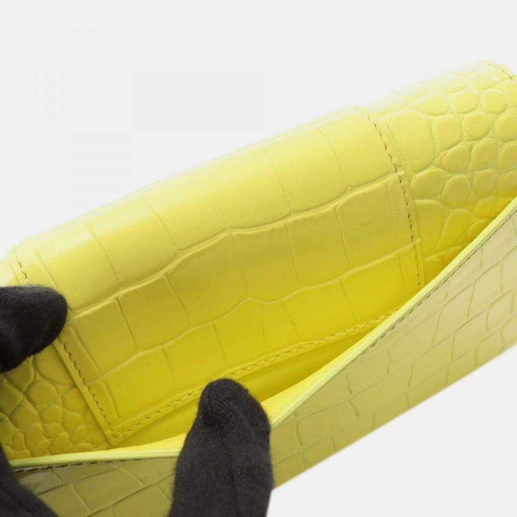 Pre Owned Balenciaga Yellow Shiny Calfskin Crocodile Embossed Hourglass Wallet On Chain