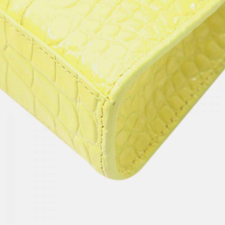Pre Owned Balenciaga Yellow Shiny Calfskin Crocodile Embossed Hourglass Wallet On Chain