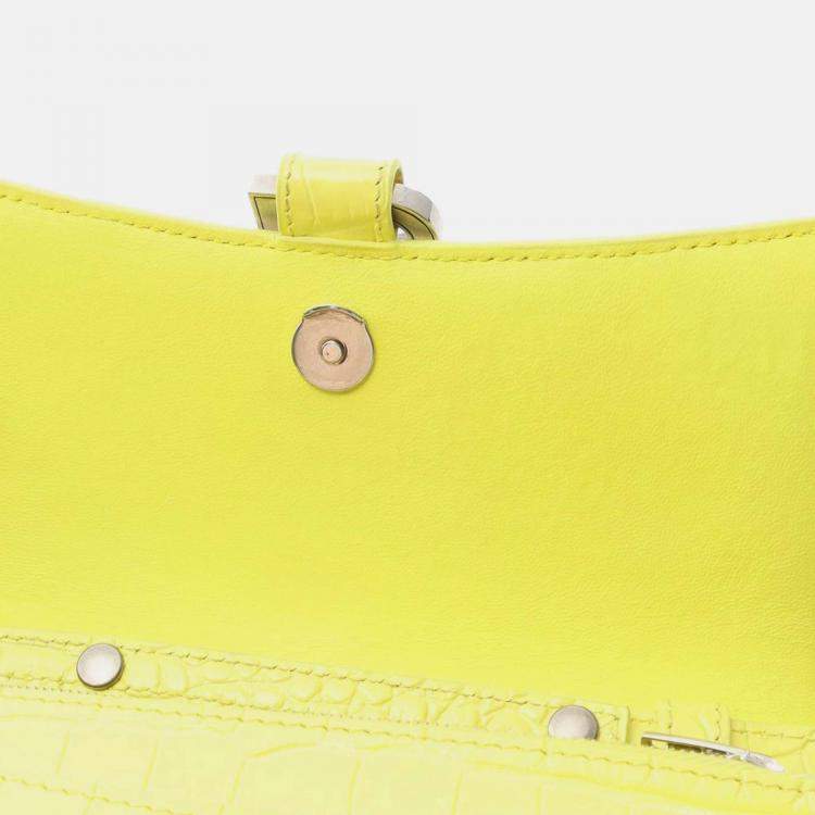 Pre Owned Balenciaga Yellow Shiny Calfskin Crocodile Embossed Hourglass Wallet On Chain