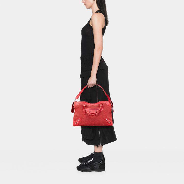 Pre Owned Balenciaga Red Lambskin Trimmed Canvas Motocross City Giant 12 Satchel