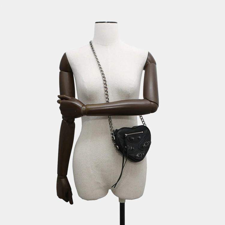 Pre Owned Balenciaga Luca Goal Heart Black Lambskin Chain Shoulder Bag