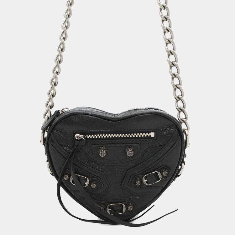 Pre Owned Balenciaga Luca Goal Heart Black Lambskin Chain Shoulder Bag
