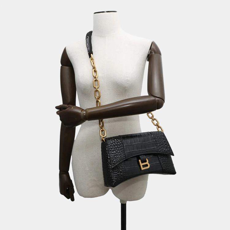 Pre Owned Balenciaga Downtown XS Black Croco Embossed Leather Chain Shoulder Bag