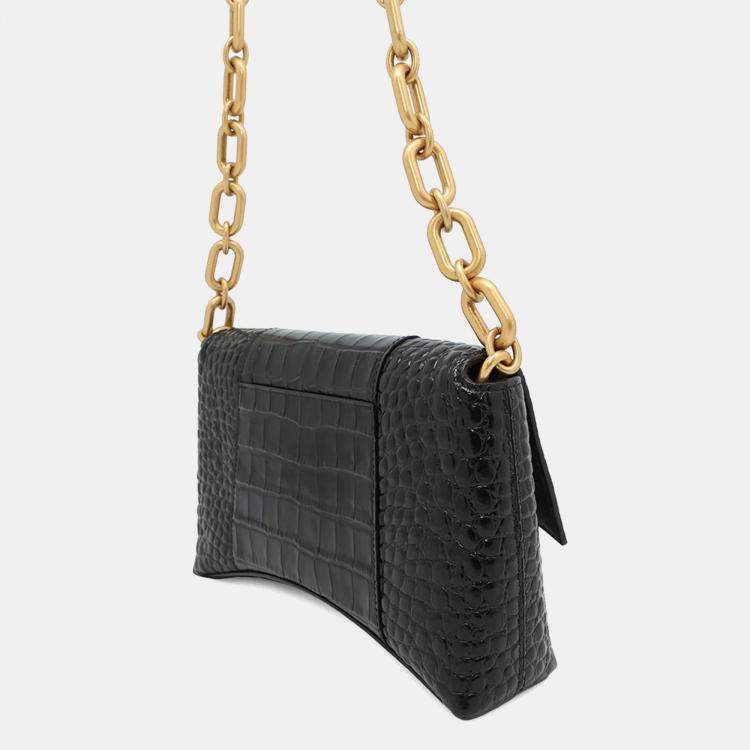 Pre Owned Balenciaga Downtown XS Black Croco Embossed Leather Chain Shoulder Bag