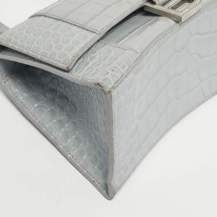 Pre Owned Balenciaga Light Blue Croc Embossed Leather Small Hourglass Top Handle Bag