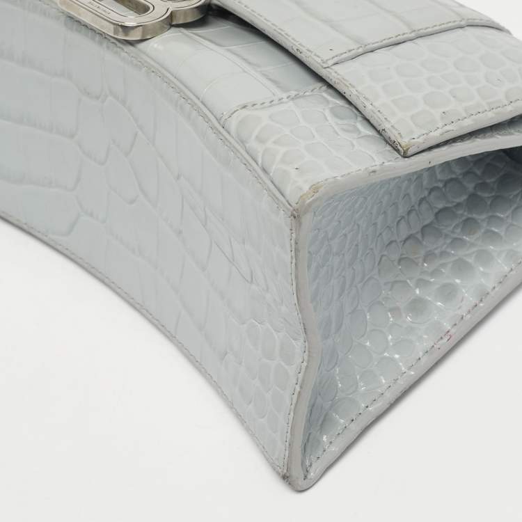 Pre Owned Balenciaga Light Blue Croc Embossed Leather Small Hourglass Top Handle Bag