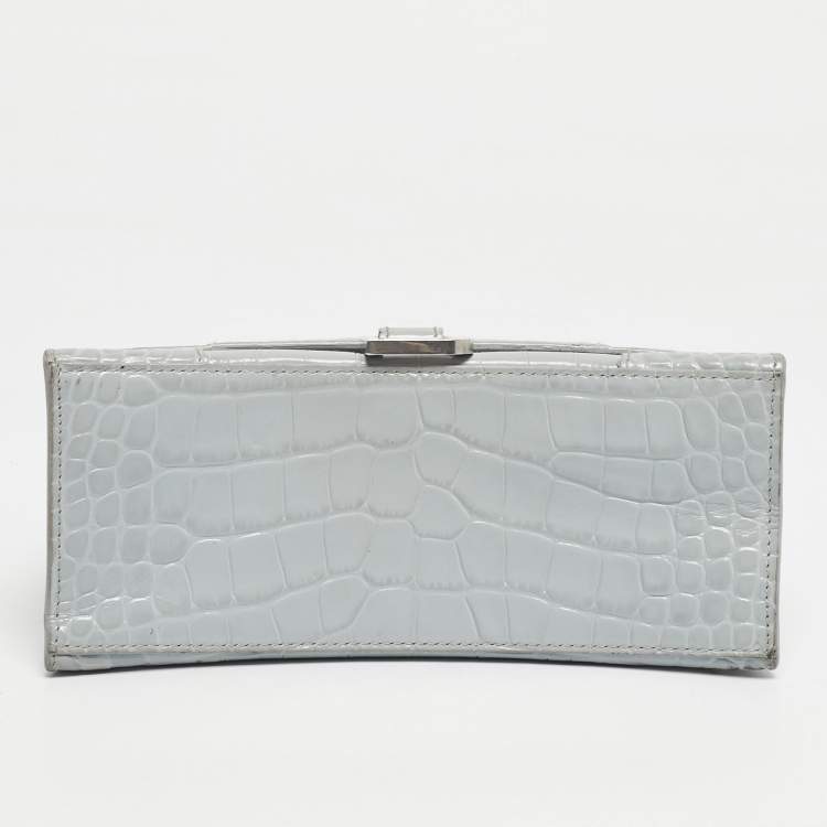 Pre Owned Balenciaga Light Blue Croc Embossed Leather Small Hourglass Top Handle Bag