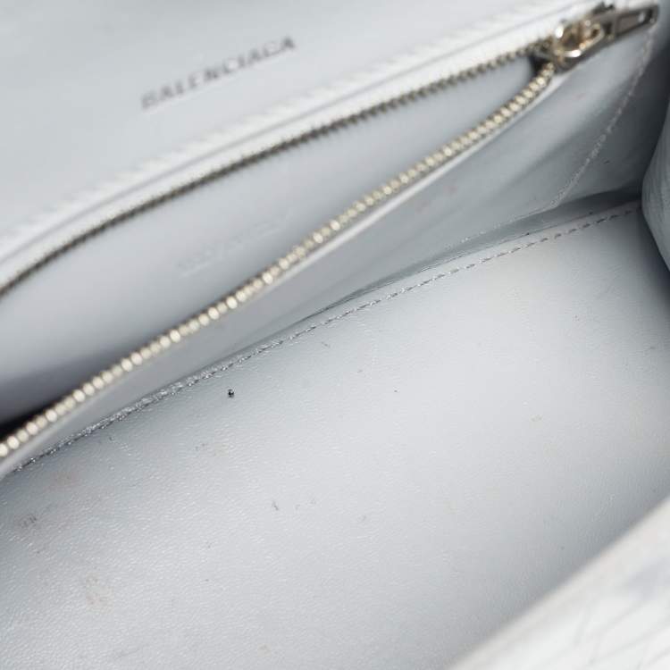 Pre Owned Balenciaga Light Blue Croc Embossed Leather Small Hourglass Top Handle Bag