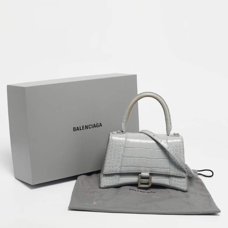 Pre Owned Balenciaga Light Blue Croc Embossed Leather Small Hourglass Top Handle Bag