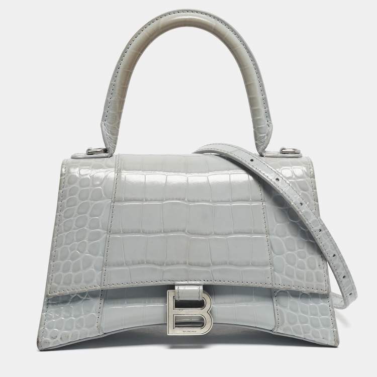 Pre Owned Balenciaga Light Blue Croc Embossed Leather Small Hourglass Top Handle Bag
