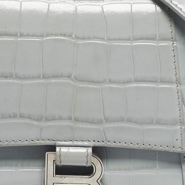 Pre Owned Balenciaga Light Blue Croc Embossed Leather Small Hourglass Top Handle Bag