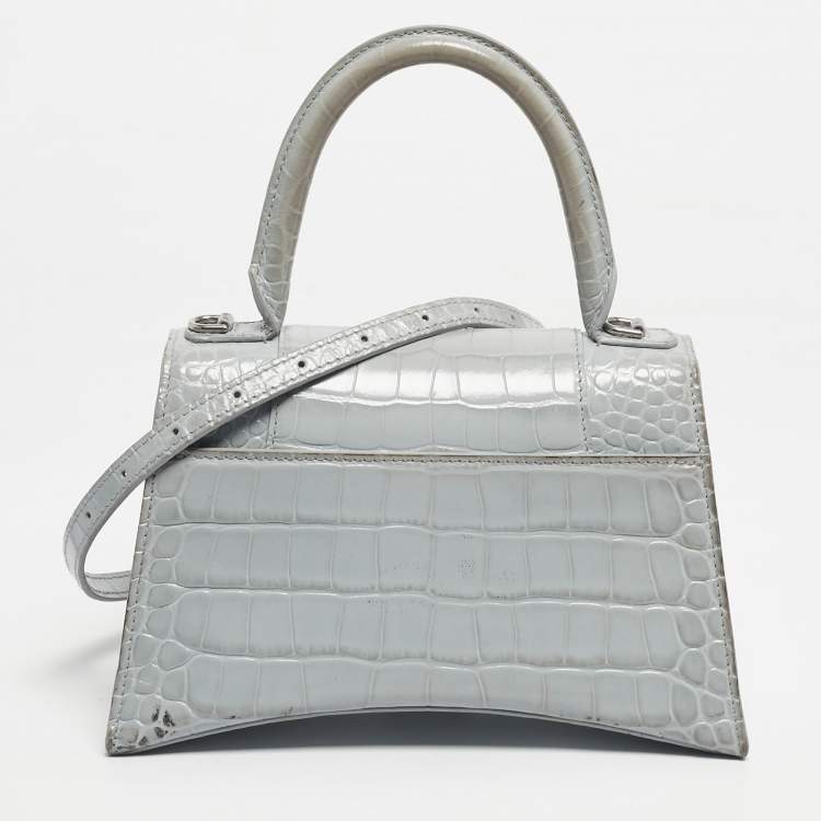 Pre Owned Balenciaga Light Blue Croc Embossed Leather Small Hourglass Top Handle Bag