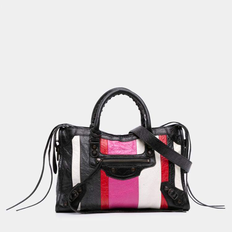 Pre Owned Balenciaga Black Multicolor Small Lambskin Motocross Striped Classic City Satchel