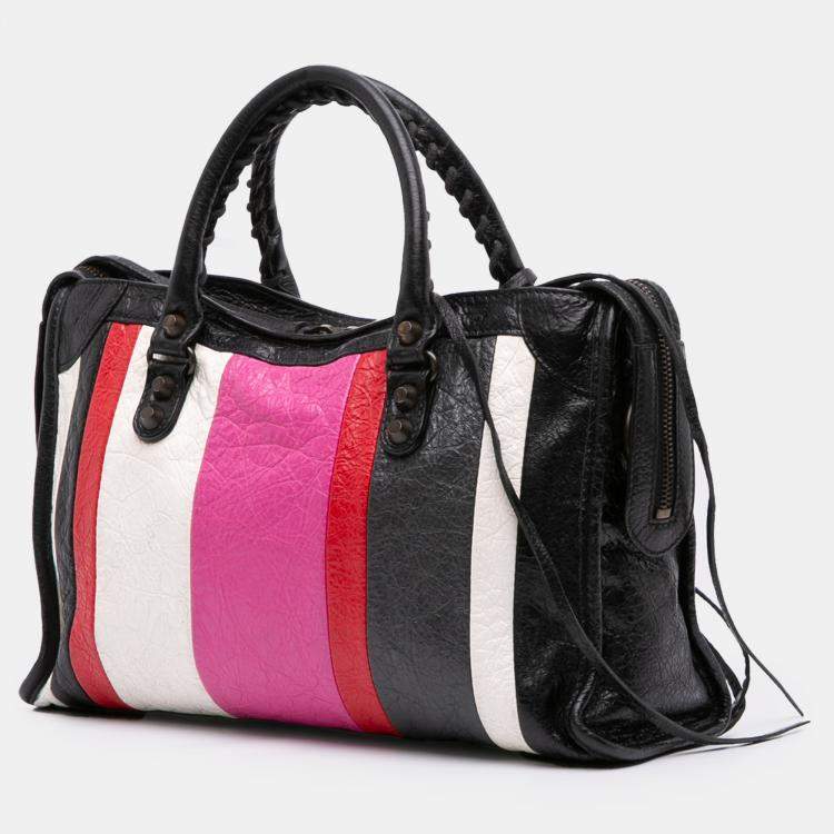 Pre Owned Balenciaga Black Multicolor Small Lambskin Motocross Striped Classic City Satchel