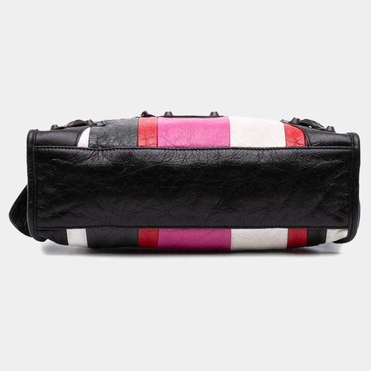 Pre Owned Balenciaga Black Multicolor Small Lambskin Motocross Striped Classic City Satchel