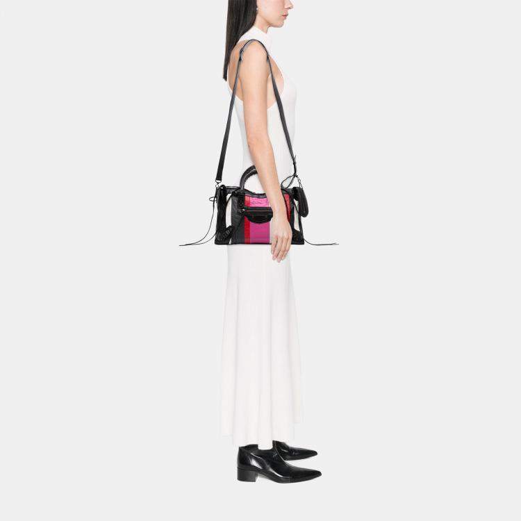 Pre Owned Balenciaga Black Multicolor Small Lambskin Motocross Striped Classic City Satchel