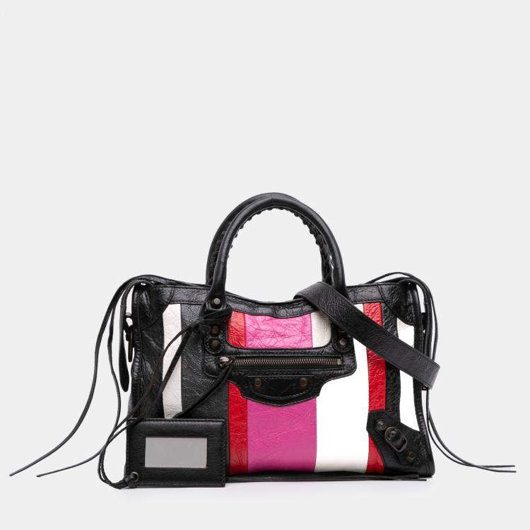 Pre Owned Balenciaga Black Multicolor Small Lambskin Motocross Striped Classic City Satchel