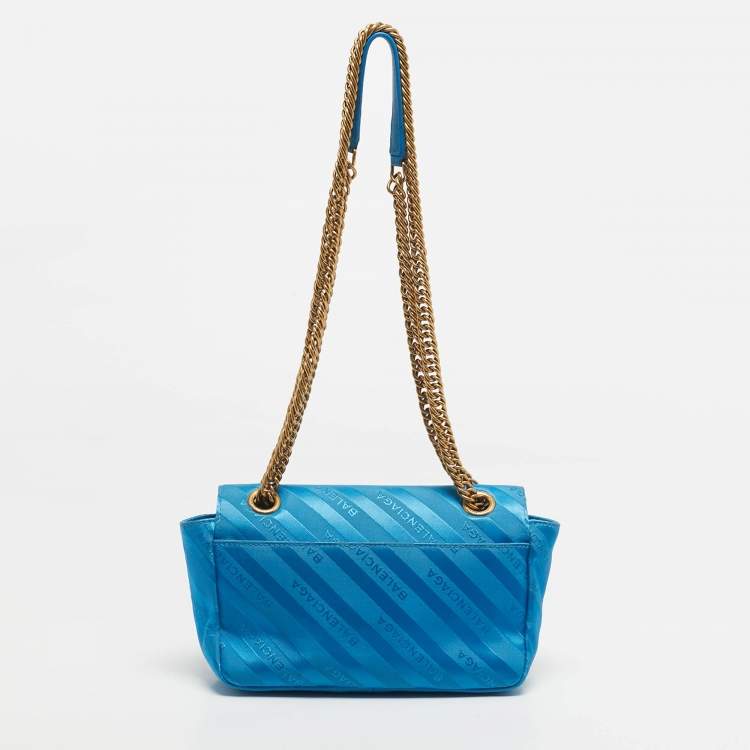 Pre Owned Balenciaga Blue Logo Jacquard Nylon BB Chain Round Shoulder Bag