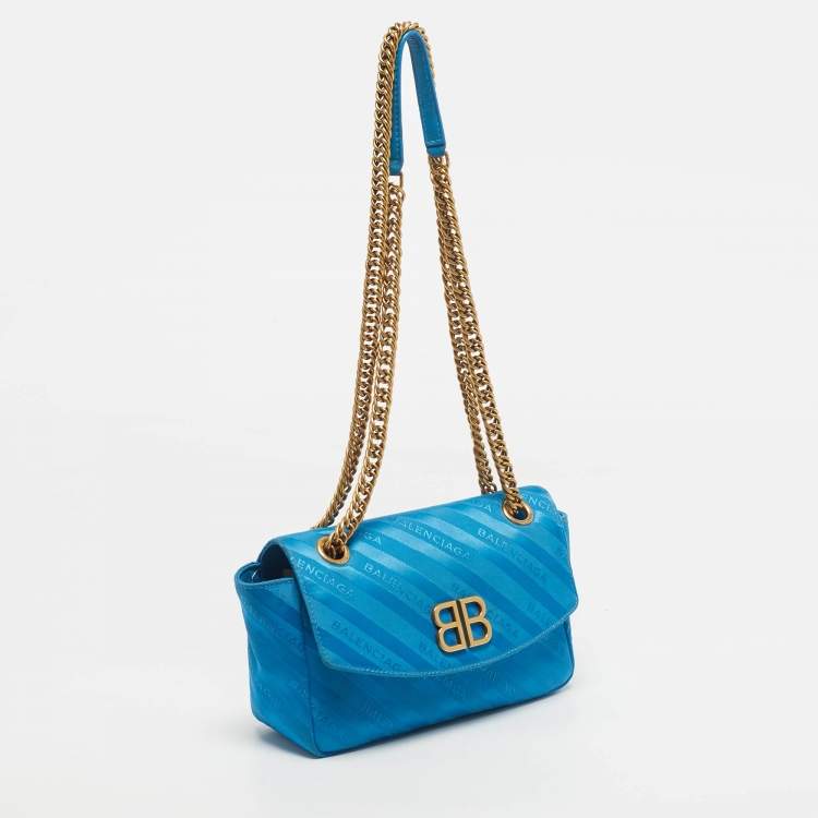 Pre Owned Balenciaga Blue Logo Jacquard Nylon BB Chain Round Shoulder Bag
